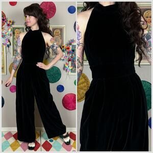 Vintage 1980s Black Velvet Halter Cut Out Back Wide Leg Jumpsuit